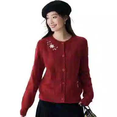 茵曼 复古提花圆领开衫长袖毛衣 女款