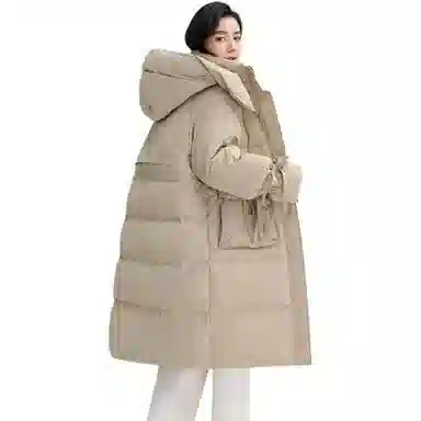 鸭鸭 纯色口袋连帽中长款长袖羽绒服 女款