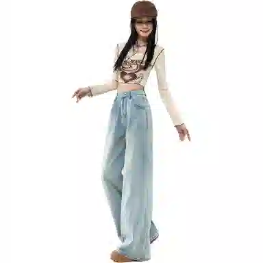 木清清 宽松阔腿高腰百搭垂感拖地牛仔裤 女款