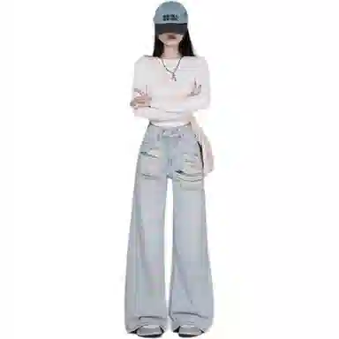 莫代尔 小个子低腰水洗磨破美式复古做旧直筒拖地牛仔裤 女款 浅蓝色