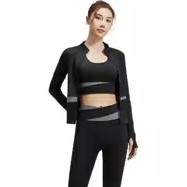 欧迪芬  欧若风蜜桃拼色三件套裸感无缝外套免穿胸垫文胸背心瑜伽裤速干跑步健身服套装出游运动普拉提臀高腰高弹力显瘦  瑜伽套装  女款