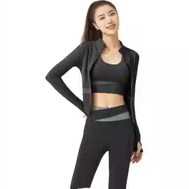 欧迪芬  欧若风蜜桃拼色三件套裸感无缝外套免穿胸垫文胸背心瑜伽裤速干跑步健身服套装出游运动普拉提臀高腰高弹力显瘦  瑜伽套装  女款