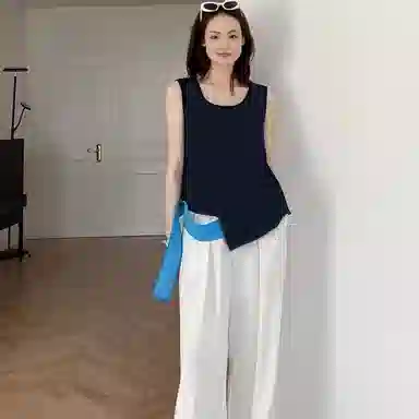 美洋 纯色不规则圆领吊带背心 女款 藏青色