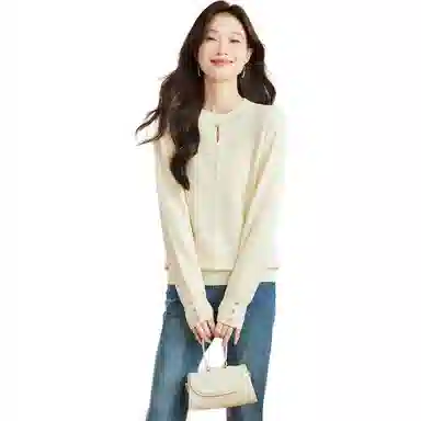 恒源祥 休闲打底套头简约纯色洋气百搭时尚长袖针织衫 女款 暖白