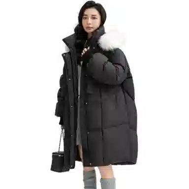 鸭鸭 通勤长款纯色连帽简约保暖羽绒服 女款