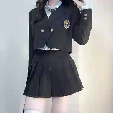 九条喵 徽章刺绣短款西装外套长袖衬衫纯色百褶短裙制服 女款