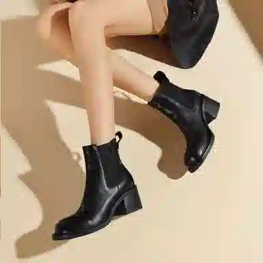 恒源祥 头层牛皮 羊皮内里粗跟经典短靴 中跟百搭简约切尔西靴 女