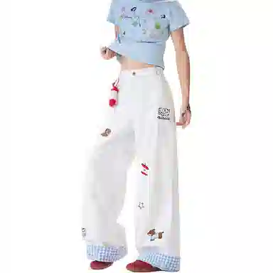 帝狼牛 潮牌复古卡通刺绣松弛感直筒拼接格子阔腿美式多口袋工装满印垂显瘦宽百搭休闲裤 男女同款