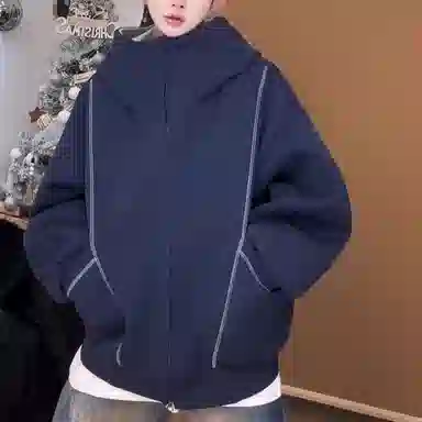 虫小绿 美式高街重磅半高领反缝线明线刺绣字母廓形休闲开衫卫衣百搭宽松情侣连帽外套夹克 男女同款
