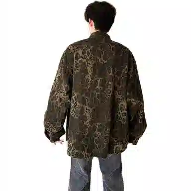 美式高街复古豹纹水洗宽松舒适单排扣夹克潮流百搭牛仔外套长袖衬衫 男女同款