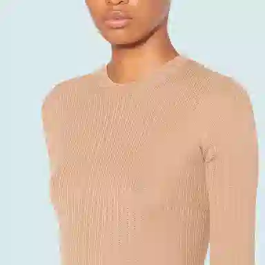 Miu Miu SS21 Logo Ribbed Wool Sweater Camel Brown