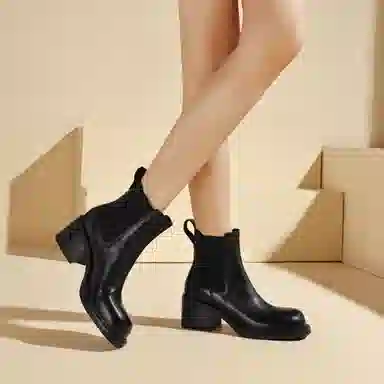 恒源祥 头层牛皮 羊皮内里粗跟经典短靴 中跟百搭简约切尔西靴 女