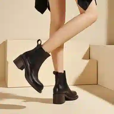 恒源祥 头层牛皮 羊皮内里粗跟经典短靴 中跟百搭简约切尔西靴 女