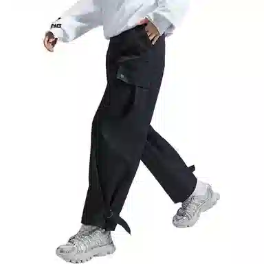 中国李宁 运动篮球系列 不对称系扣纯色宽松直筒运动长裤 女款 黑色