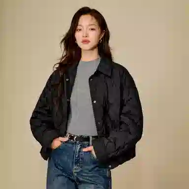 茵曼 衬衫式无胆防绒菱格宽松外套不臃肿小个子宝藏显瘦冬季短款平价轻薄保暖时尚抓绒内胆氛围羽绒服 女款
