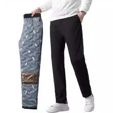 鸭鸭 纯色韩版休闲基础百搭中高腰系带防寒保暖加厚羽绒裤/棉裤 男款 黑色