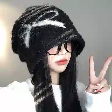 【版型好~秋冬必备】 攸委 蝴蝶结黑色堆堆帽女冬季保暖加厚时尚百搭 涤纶 复古大头围显脸小针织冷帽护耳帽包头帽子 男女同款情侣款