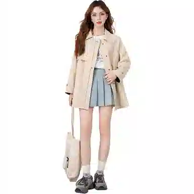 法文箱子 简约翻领中长款长袖风衣 女款