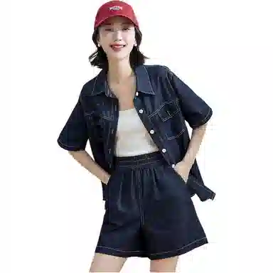 莫代尔 百搭优雅通勤短袖纯色百搭时尚衬衫套装 女款 深蓝