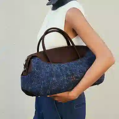 古良吉吉 通勤时尚拉链开合 头层牛皮 棒球波士顿包单肩斜挎包 大号 女款 帆布白/帆布黑/复古牛仔