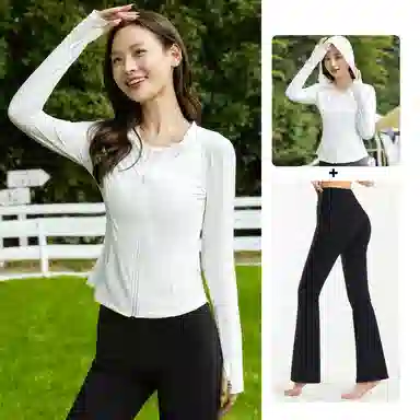 欧迪芬 修身连帽春夏冰丝防晒服凉感短款显瘦外套微喇叭裤两件套速干时尚运动风轻盈舒适感防晒衣透气性好时尚设计显瘦效果健身套装 女款