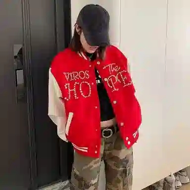 寻星记  美式复古高街风珍珠字母设计宽松百搭运动休闲夹克棒球服 男女同款