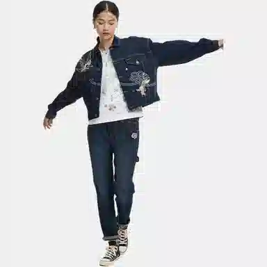 鬼洗 泥棒蓝同心喜鹊绣花情侣牛仔外套 女款 蓝