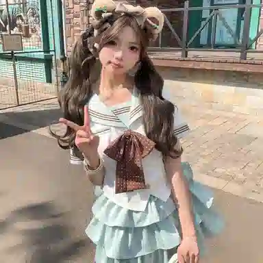 御茶家 小巧莓原创学院风水手服初恋感海军领短款收腰显瘦截短上衣蓬蓬蛋糕裙半身裙裙装套装 女款