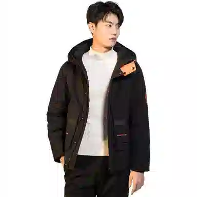 鸭鸭 短款纯色连帽拉链长袖羽绒服 男款 黑色