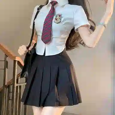 九条喵 徽章收腰修身短袖衬衫徽章领带纯色百褶半身裙制服套装 女款