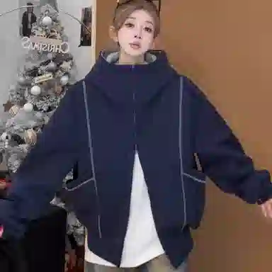 虫小绿 美式高街重磅半高领反缝线明线刺绣字母廓形休闲开衫卫衣百搭宽松情侣连帽外套夹克 男女同款
