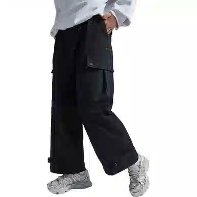 中国李宁 运动篮球系列 不对称系扣纯色宽松直筒运动长裤 女款 黑色