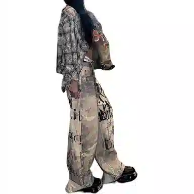 识恩 适中时尚宽松阔腿高腰牛仔裤 女款