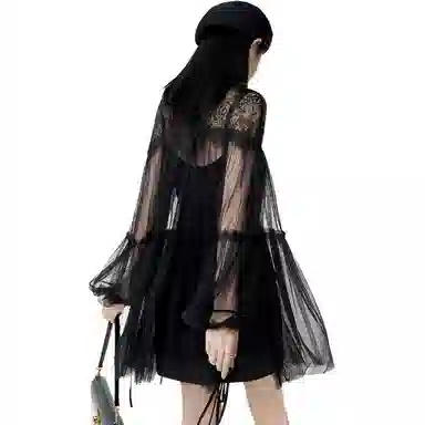 美洋 蕾丝网纱长袖连衣裙 黑色