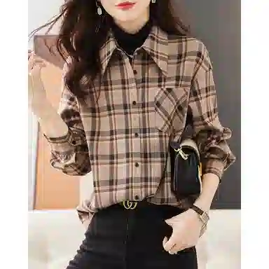 【dme】 格子尖领长袖衬衫 女款 卡其
