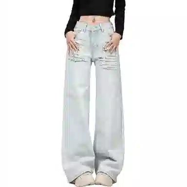 莫代尔 小个子低腰水洗磨破美式复古做旧直筒拖地牛仔裤 女款 浅蓝色