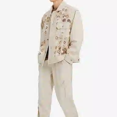 中国李宁 都市游牧 花卉双口袋单排扣牛仔外套 男款 燕麦灰