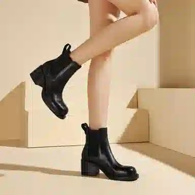 恒源祥 头层牛皮 羊皮内里粗跟经典短靴 中跟百搭简约切尔西靴 女