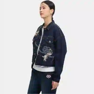 鬼洗 泥棒蓝同心喜鹊绣花情侣牛仔外套 女款 蓝