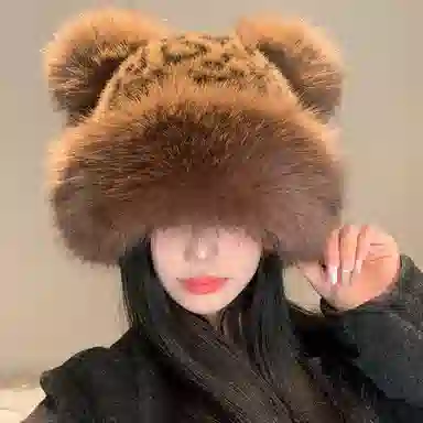 【秋冬防风必备~小熊】 攸委 降温复古豹纹熊耳朵毛绒蒙古帽子女冬季加厚保暖 涤纶 高品质仿皮草护耳绒线帽包头冷帽 男女同款情侣款