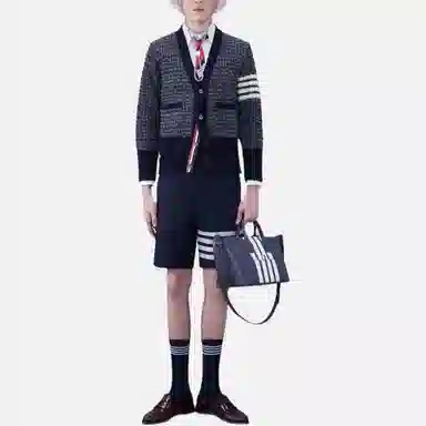 THOM BROWNE Mohair Tweed 4-Bar Classic V-Neck Cardigan V