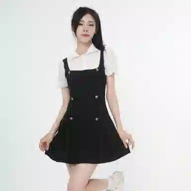 御茶家 学院风纯色收腰假两件托胸小香风短袖连衣裙 女款 黑色