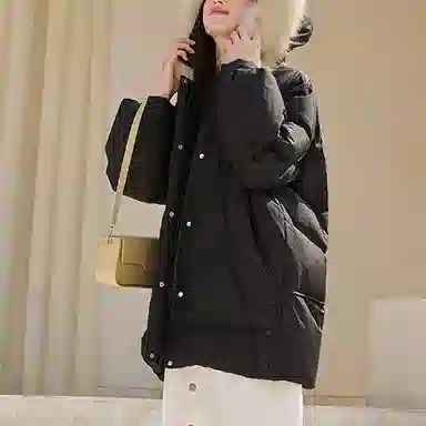 坦博尔 纯色连帽毛领羽绒服 女款