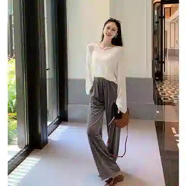 美洋 纯色高腰系带直筒长裤 女款 灰色