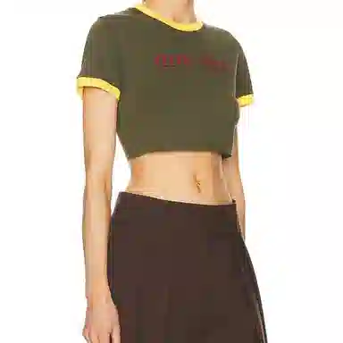 Miu Miu SS24 Logo Embroidered Crop T-Shirt Green