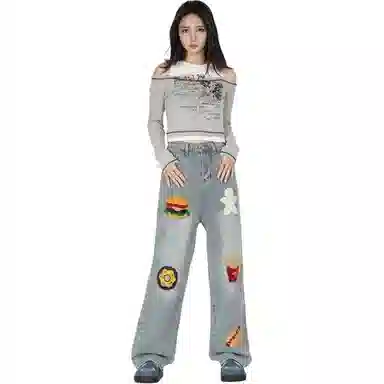 袋鼠 高街设计感宽松时尚休闲直筒牛仔裤 男女同款