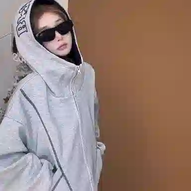 虫小绿 美式高街重磅半高领反缝线明线刺绣字母廓形休闲开衫卫衣百搭宽松情侣连帽外套夹克 男女同款
