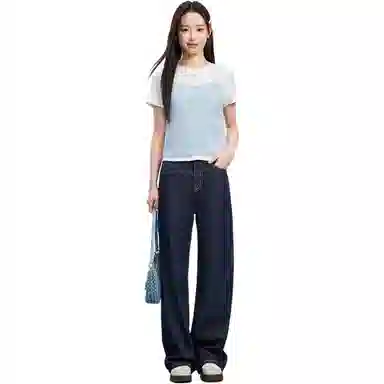 爱依服 高腰宽松阔腿牛仔裤 女款 牛仔深蓝