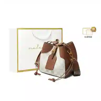 纳兰杜 大容量休闲简约设计抽绳开合 牛皮 水桶包手提单肩包 中号 女款 米白配棕