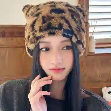 【y2k甜酷辣妹~秋冬】 攸委 复古豹纹可爱猫耳朵毛绒针织帽子女冬季保暖防寒护耳加绒 涤纶 时尚潮流百搭包头冷帽绒线帽 男女同款情侣款